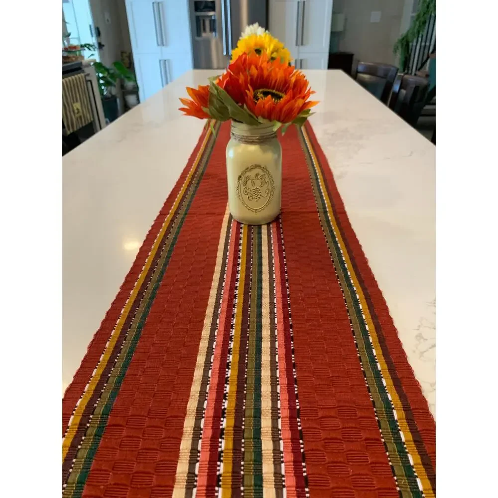Fall Table Runner 112” Rust Red Striped Woven Tassel Thanksgiving Farmhouse